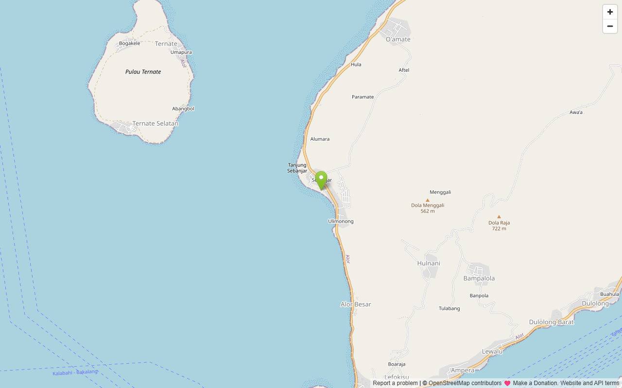 Map showing Moko Alor Dive Resort on the Pantar Strait coast of Alor, with Pulau Ternate visible to the west