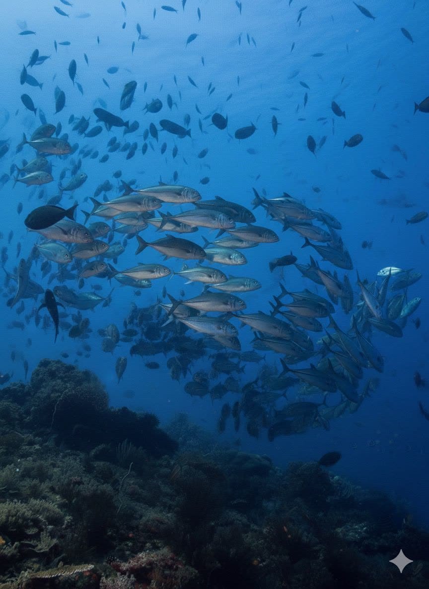 School of bigeye trevally in current over the reef at Kal's Dream