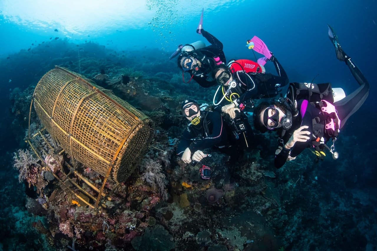 A small group of scuba divers underwater near a traditional Alor fish trap