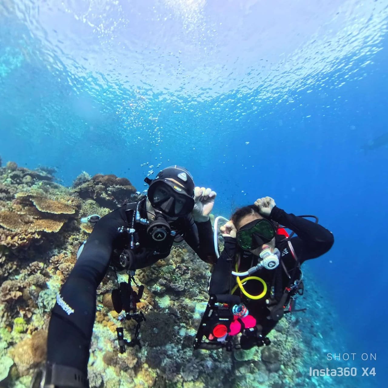 Two divers with underwater cameras at a shallow reef