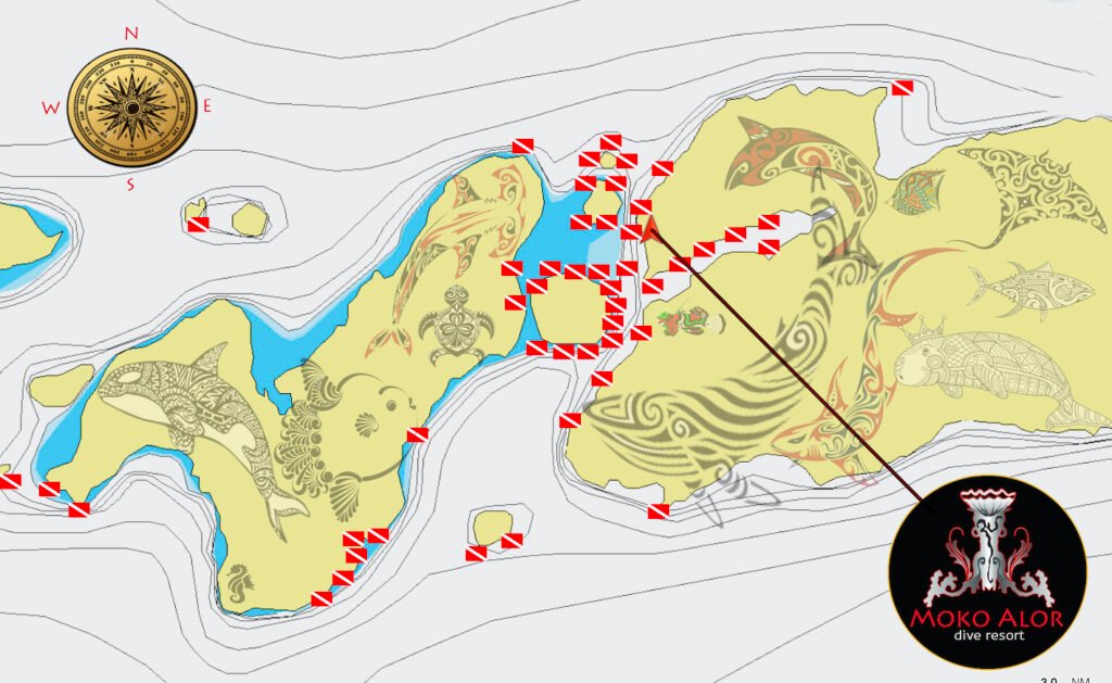 Illustrated dive site map of Alor and Pantar islands, marking Moko Alor Dive Resort and 45+ dive sites across the Pantar Strait