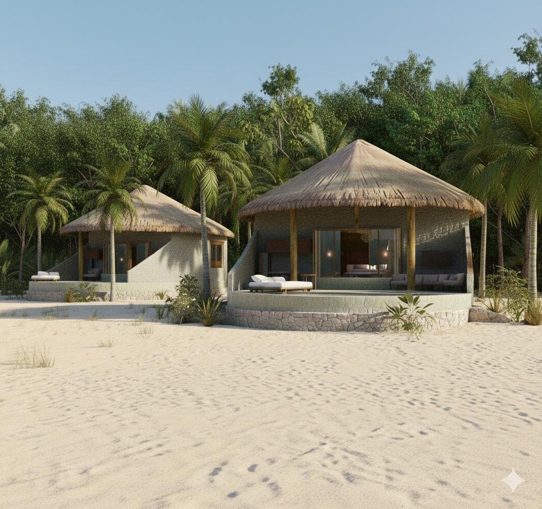 Naraya Alor Dive thatched-roof beachfront villas among the palms